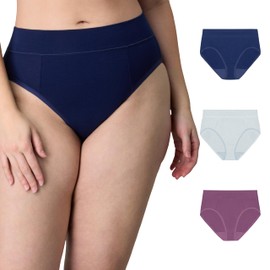 Playtex Women's Tummy Control Underwear Pack, 3-Pack, High-Cut Plus Size Panties Available, Cotton Stretch, Cool Comfort, Sail Away Navy/New Rain Cloud Heather/Plum Dandy