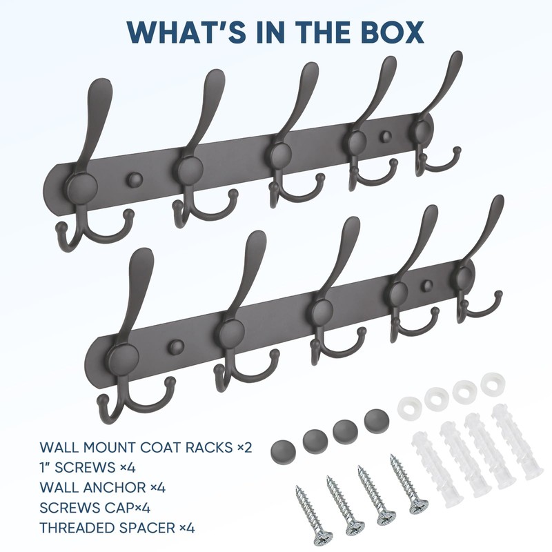 TICONN Wall Mounted Coat Rack, Five Heavy Duty Tri Hooks
