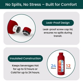 NOBL Stainless Steel Water Bottle,17 oz, 500 ml, Double Wall Vacuum Insulation, Sealed Thermo Bottle Keeps Drinks Cold 24 Hrs & Hot 12 Hrs, Leak Proof, Fits Noble Carry-On Cup Holder - Cherry Red