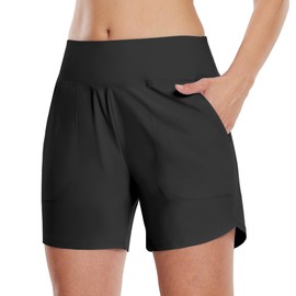 WILLIT Women's 5 Inch Swimming Shorts Swim Swimming Trunks Board Shorts Quick Dry UPF 50+ High Waisted Tummy Control Beach Shorts with Pockets, black