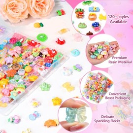 Vellibring 120Pcs Cute Flat Resin Charms, Assorted Kawaii Cartoon Resin Flatback Cabochons 120 Styles Mini Resin Ornaments for DIY Slime Crafts Hair C