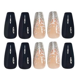 French Tip Press on Nails Medium Length With Silvery Glitter Design Flash French Fake Nails Full Cover False Nails Reusable Nails Artificial for Women Acrylic Nail Decorations Accessories 24Pcs