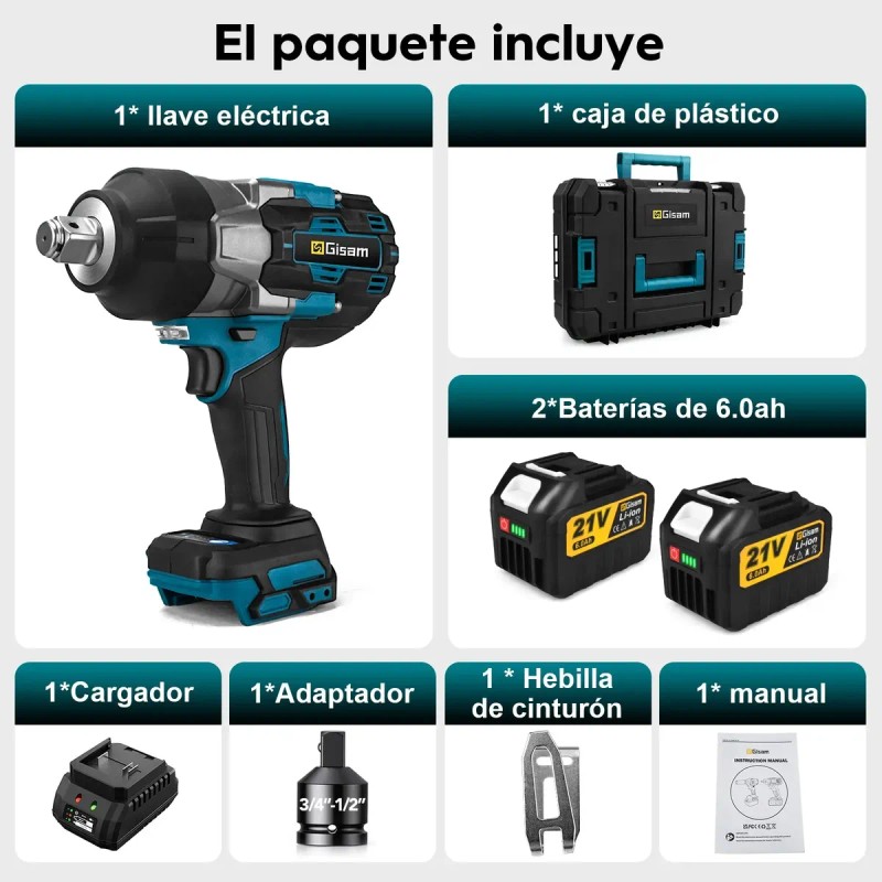 3/4'' Llave Impacto Inalámbrica Sin Escobillas Gisam W4030
