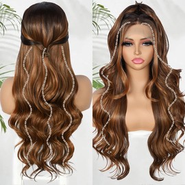 BABEHERS Ginger Brown Lace Front Wig for Women 13x4 Body Wave Synthetic Wigs Balayage Pre-plucked Long Wavy 150% Density Natural Heat Resistant Hair Daily Use 26 Inch