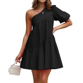 KIRUNDO Womens 2025 Summer Casual One Shoulder Mini Babydoll Dress Puff Sleeve Loose Tiered A Line Flowy Short Dresses (Black, Small)