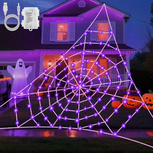 Gcstnn Halloween Spinnennetz Lichterkette, 5x5M 120 Lila LED Spinnennetz Lichterketten,