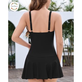 OnlyFyrene Women's Tummy Control Padded One Piece Swim Dress Ruched Swimsuits Skirt Bathing Suits with Adjustable Straps Black