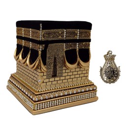 Modefa Islamic Turkish Home Table Decor Kaba Replica Model Showpiece Eid Gift Gold with Car Hanger (Gold, Large)