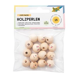 folia 22981 Wooden Beads Cute Faces, 15 Round Wooden Balls with Funny Faces Printed, Assorted in 3 Designs, Natural, Diameter 15 mm, for Threading Chains or for Making Figures