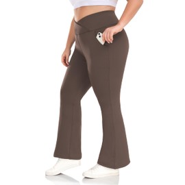 ZERDOCEAN Women's Plus Size Fleece Lined Flare Leggings Crossover High Waist Winter Thermal Yoga Bootcut Pants Bell Bottoms Coffee 4X