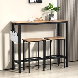 Finnhomy 47" Industrial Bar Table Set with 2 Stools - Counter Height Dining & Pub Table for Small Spaces, Kitchen, Apartment, Breakfast Nook - Metal & Wood, Space-Saving Furniture - Greige