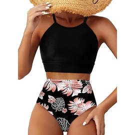 Herseas Women's Black Bikini Sets High Round Neck Tropical Leaf Print High Waisted Two Pieces Swimsuits Crop Padded Top Modest Bottom Bathing Suits Large