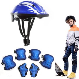 7pcs Kids Helmet Set Knee Pads Elbow Pads Wrist Guards Adjustable Protective Gear Set for Outdoor Cycling Skating (Deep blue (cartoon model)