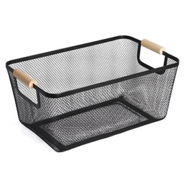 AJIODA Metal Mesh Steel Basket, Medium Wire Storage Organizer Basket Multi-function Hanging Kitchen Basket with Wood Handle for Kitchen Bathroom Picnic Home, Rectangle-Black
