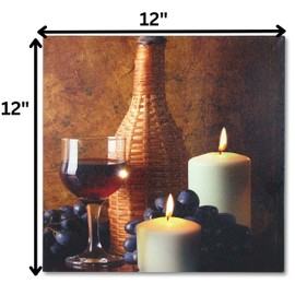 BANBERRY DESIGNS Lighted Candles and Wine Canvas Picture - Wine Themed Artwork with LED Lights - Wine and Grape Picture - 12" x 12"