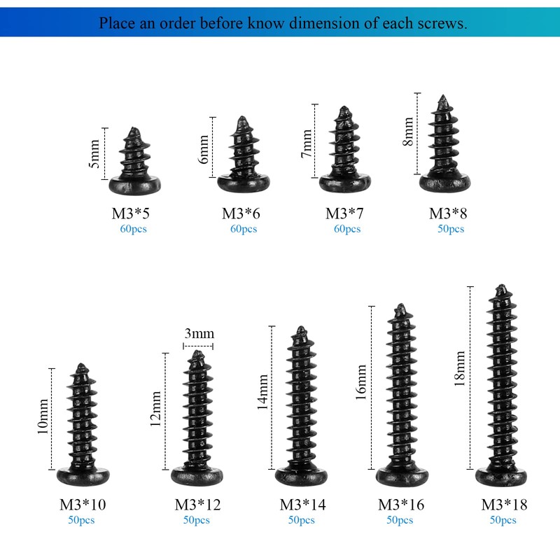 FandWay 480Pcs M3 Phillips Pan Head Self-Tapping Screws, Carbon Steel