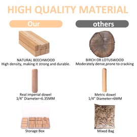 100 Pcs Wooden Dowel Pins - 1/4 inch, 5/16 inch,3/8 inch Fluted Wood Dowels Rods,Hardwood Crafts Dowel Pegs