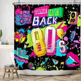 ASDCXZ Vintage Shower Curtain 180 x 180 cm, Retro Colourful Back to 80'S Party Black Skate Shoes Clay Bathroom Washable Shower Curtains Polyester Textile Waterproof Bath Curtain for Bath with 12 Hooks