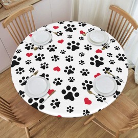 AIMASTZ Elastic Edged Round Fitted Puppy Dog Pet Paw Print Red Hearts Table Cloth Cover for Indoor Outdoor Kitchen Party, Waterproof Wipeable Tablecloth for 45"- 50" Tables,Medium