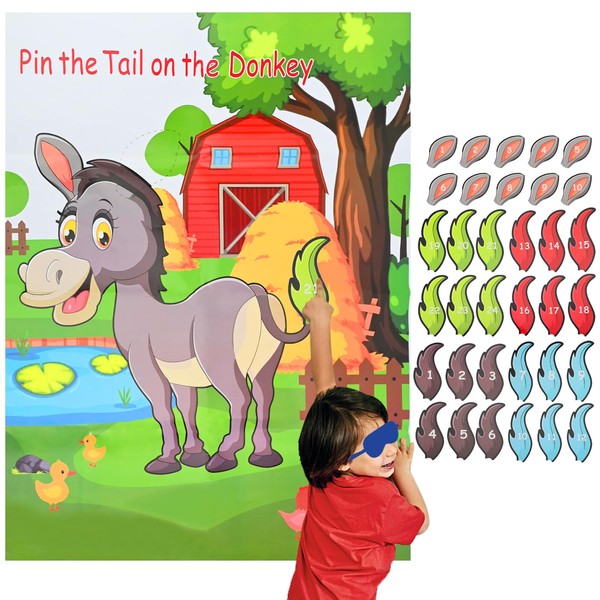 Falafoty Pin The Tail on The Donkey, Party Game con 24 Pezzi Coda e 10 Orecchio Donkey Poster di Gioco per Bambini Compleanno Decorazioni per Feste, Forniture per Feste Circensi di Carnevale (C)