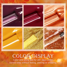 YSUVIN Semi-Permanent Nail Polish, 6 Colors Red Brown Maple Color Glitter Pumpkin Semi-Permanent Nail Polish, Soak Off UV/LED Lamp Gel Nail Polish Diy Manicure Nail Art Set, 8ml