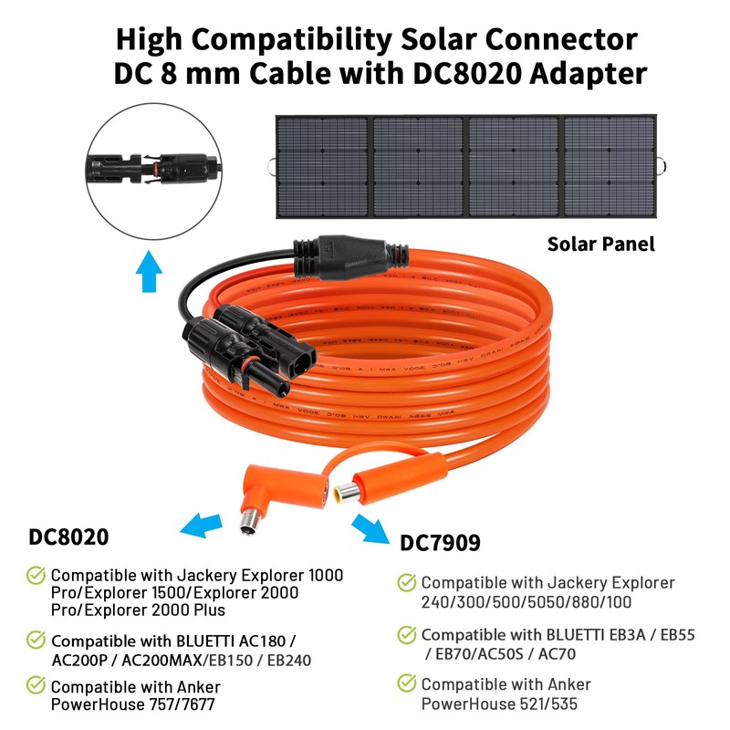 Solar Connector to DC 8mm Adapter Cable 5FT, 12AWG +