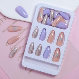 Medium Long Press on Nails Almond False Nails with Silver Glitter Heart Designs Nude Pink & Blue Purple Full Cover Stick on Acrylic Nails Artificial Glossy Fake Nails for Girls Women
