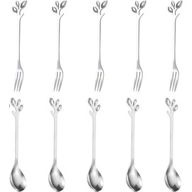 Stainless Steel Leaf AppetizerCake Fruit Fork,10Pcs Leaf Handle Small Coffee Spoons and Dessert Fork,Stainless Steel Leaf Coffee Spoon and Fork,Stainless SteelLeafCoffeeSpoonandFruitFork,Silver