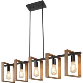 53’’ Farmhouse Kitchen Island Lighting, 5-Light Adjustable Dining Room Light Fixtures, Rustic Wood Chandeliers Black Hanging Light Fixtures for Kitchen, Pool Table Lights, Bulbs Not Included