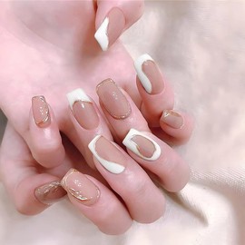 Magrace Short Press on Nails with Designs French Tip Fake nails 24 Pcs Square Stick on Nails for Women (A-18)