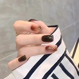 Press On Nails, Short Square Shape, Stick on Nails，Glue on Nails Fake False Nails on 24PCS for Women and Girls (Brown Marble)