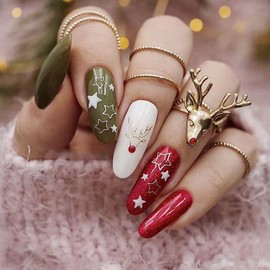 24PCS Christmas Long False Nails with Glue Stickers,Almond Full Cover Acrylic Nails Press on Nails no Glue,Red Green Elk Fake Nails Stick on Nails for Women and Girls Nail Art.