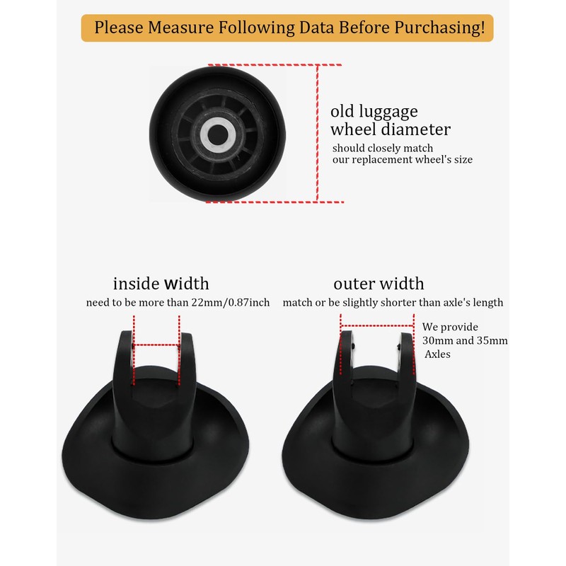 Luggage Replacement Wheels - 50 x 18mm, 8pcs Black Rubber
