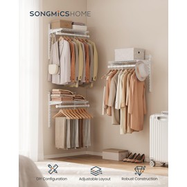 SONGMICS HOME Closet System, Closet Insert Organizer, 2-4 ft, Adjustable Metal Shelving Unit with 4 Hanging Rods, 4 Shelves, and Hooks, for Pantry Mudroom Garage Basement, Cloud White URGR031W01