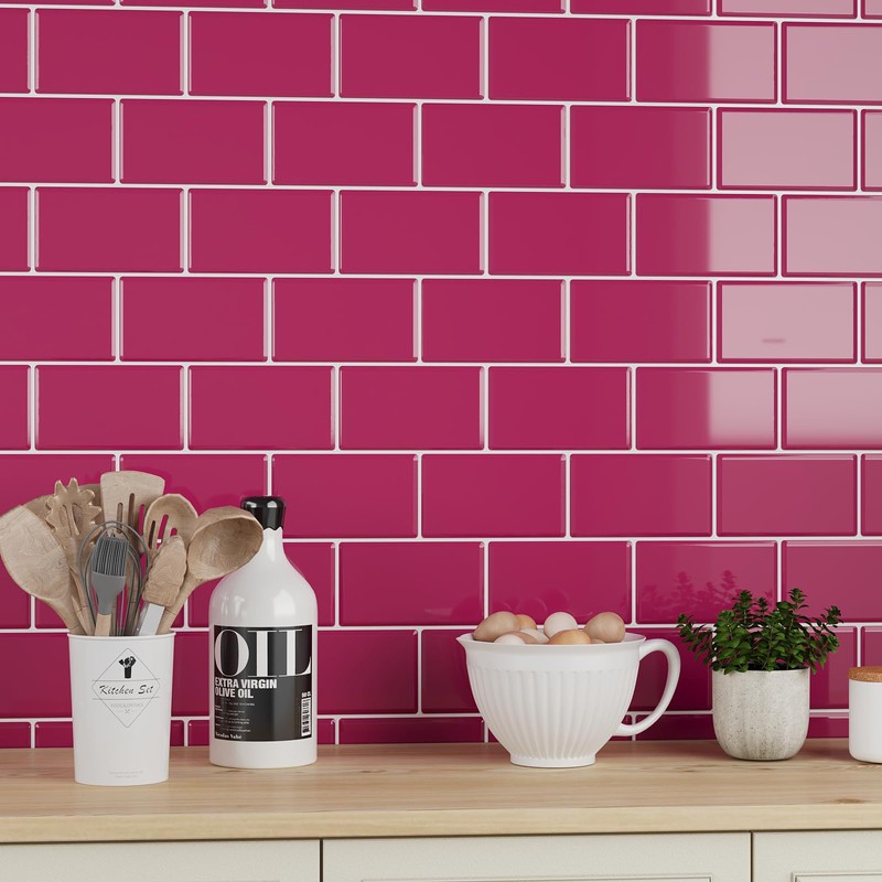 VEELIKE 6 Sheets Berry Pink Subway Tile Peel and Stick