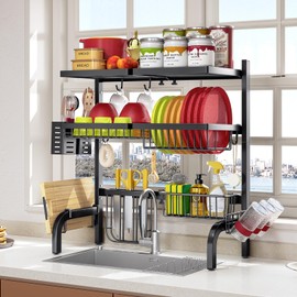 TOOLF Over The Sink Dish Drainer Drying Rack, Adjustable (25.19"-37.4") Over Sink Dish Drying Rack, Extra Large Extendable Dish Rack Above Kitchen Sink, 2 Tier Dish Strainer with Storage Basket