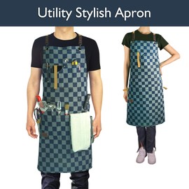 Stenffy Fashion Checkered Denim HandWork Apron for Hairstylists, Chefs, Bartenders, Baristas, Artists, Men and Women (Extra Large)