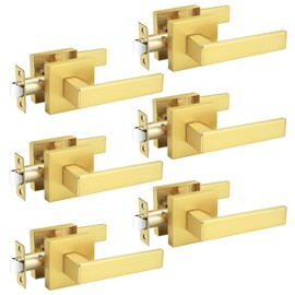 Probrico 6 Pack Heavy Duty Gold Passage Door Handle,Square Satin Brass Door Lever for Hallway and Closet, Keyless Reversible No-Locking Interior Door Knobs Both Fit Right & Left Handed Side