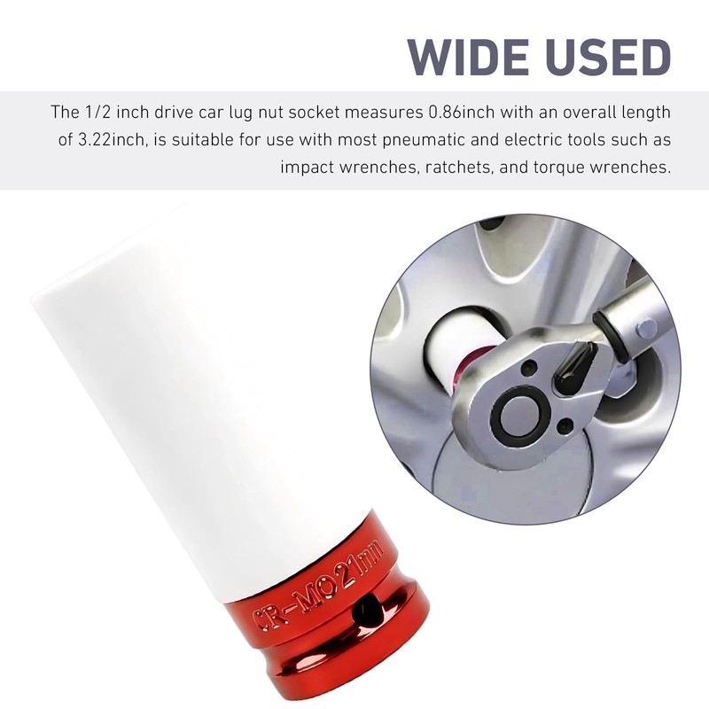 21mm Impact Socket 1/2 Drive, 6-Point Deep Lug Nut Socket