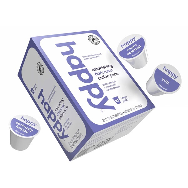 happy coffee dark roast coffee pods, 22 count, notes of