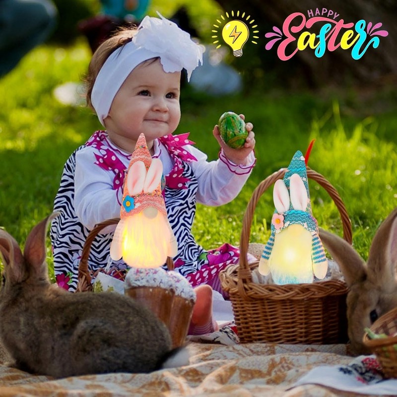 Pack of 2 Easter Gnome Illuminated, Easter Decoration Rabbit Gnome