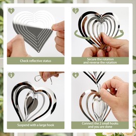 Iridsmole Stainless Steel Wind Spinner, 3D Garden Wind Spinners Decorations, Silver Garden Hanging Ornaments Indoor Outdoor, Love Heart Metal Wind Chimes to Scare Birds Away from Yard Patio Farm