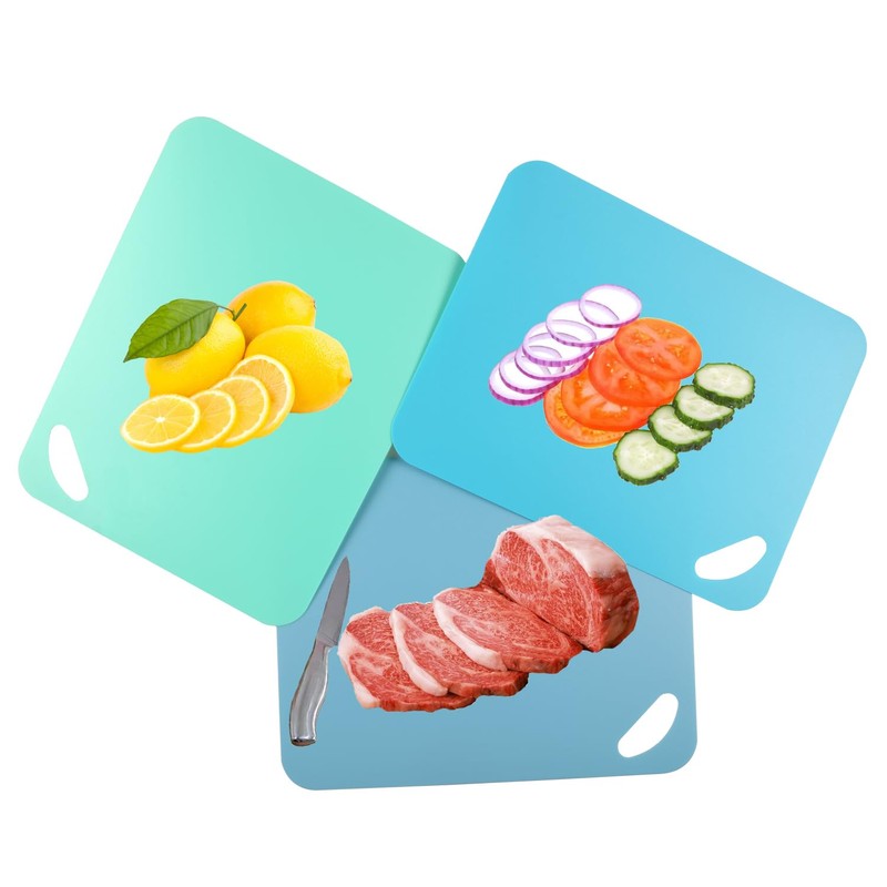 Plastic Flexible Cutting Mats for Kitchen, 3pcs Color Coded Chopping