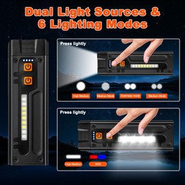EDC Flashlight Clip-On Light, Rechargeable 1000 Lumens,6 Lighting Modes with LED Side Lights Type-C Rechargeable, Magnetic Flash Lights for Signaling, Work, Outdoor or Indoor Use (2 Pack, Black)