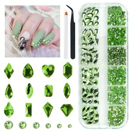 qiipii 1802Pcs Light Green Nail Rhinestones Grass Green Nail Charms Multi Shapes Crystal Flatback Rhinestones Gems Round Beads Glass Stones Diamonds Jewels Art for Nails Faces Eyes Makeup DIY Crafts