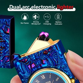 GADATOP Encendedor de dragón, encendedor de plasma, encendedor de arco eléctrico, encendedor USB, encendedor multifuncional, encendedor a prueba de viento, encendedor de moda, encendedor de metal luminoso, esfera de reloj real, iluminación LED (azul)