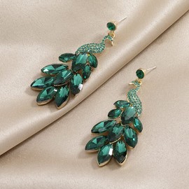 BSLVWG Vintage Peacock Dangle Earrings for Women Girls Boho 14K Gold Plated Green Crystal Feather Peafowl Statement Drop Dangling Stud Earring Exaggerated Birthday Holiday Jewelry Gifts (Green)