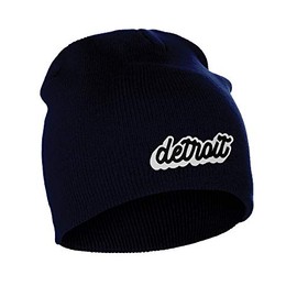 I&W Classic USA Cities Winter Knit Cuffless Beanie Hat 3D Raised Layer Letters, Detroit Navy, White Black