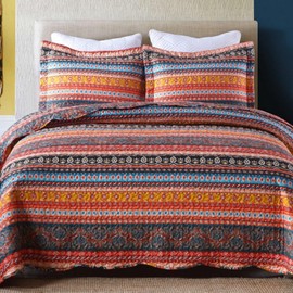 MarCielo 3 Piece Bohemian Quilt Bedspread Set (Orange, Queen)