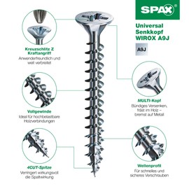 SPAX Wirox A9J 8000000277207 Universal Screw, 4 x 35 mm, Pack of 180, Fully Threaded, Countersunk Head, Phillips Z2, 4CUT